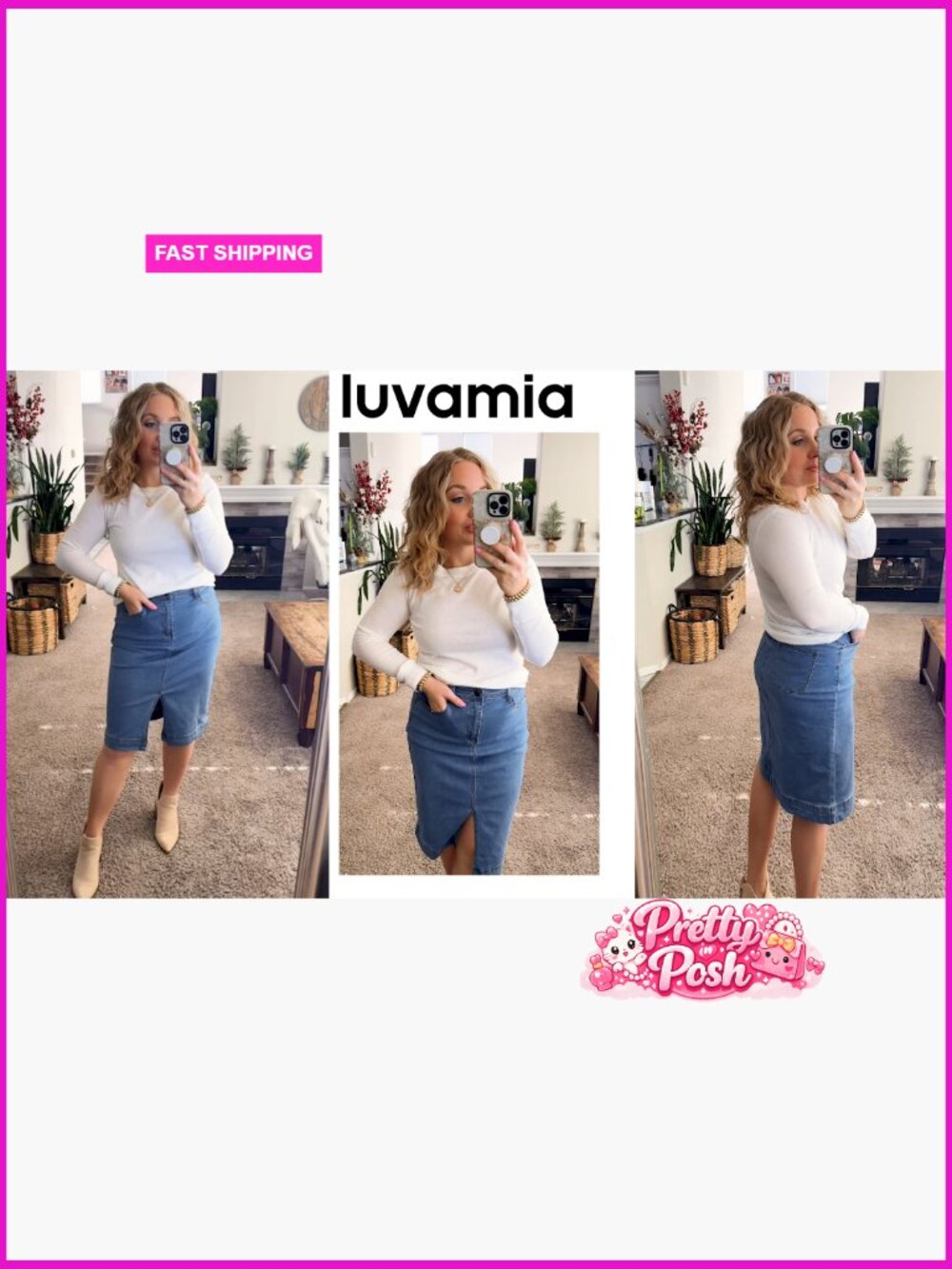 High Waisted Midi Denim Pencil Skirt with Slit Stretchy - Picture 7 of 7